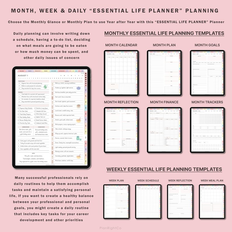 Pu&ograve; includere: Un planner digitale con sfondo rosa e uno schermo di tablet bianco che mostra modelli di calendario mensile, programma settimanale e planner giornaliero. Il testo sullo schermo recita "MONTH, WEEK & DAILY "ESSENTIAL LIFE PLANNER" PLANNING".