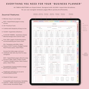May include: A digital planner for business with a pink background. The planner has tabs for business, product, social media, finance, notes, and custom notes. The planner has a colorful index with tabs for each month of the year. The planner is designed to be used with digital note-taking apps like Goodnotes, Notability, XODO, Samsung Notes, and other similar apps.