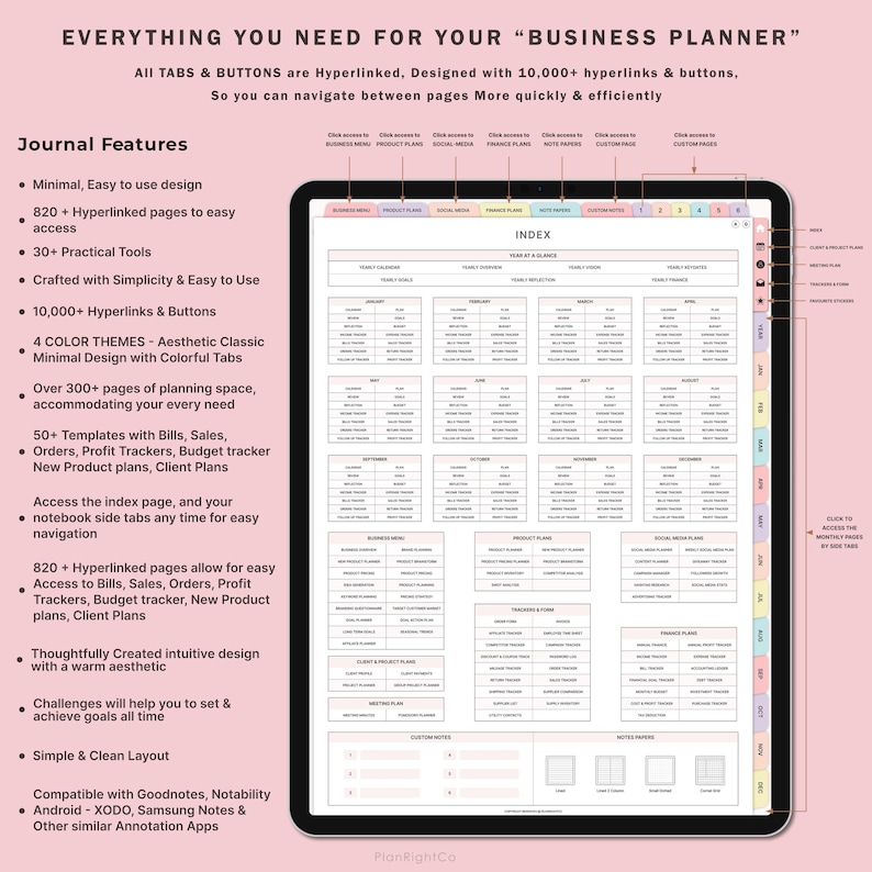 May include: A digital planner for business with a pink background. The planner has tabs for business, product, social media, finance, notes, and custom notes. The planner has a colorful index with tabs for each month of the year. The planner is designed to be used with digital note-taking apps like Goodnotes, Notability, XODO, Samsung Notes, and other similar apps.
