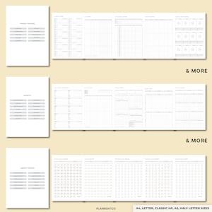 May include: A collection of white planner pages with gray text and grid layouts. The pages include "Finance Trackers", "Budgets", and "Savings Tracker" sections. The text "& MORE" appears on the pages. The bottom of the image includes the text "PLANRIGHTCO" and "A4, LETTER, CLASSIC HP, A5, HALF LETTER SIZES".