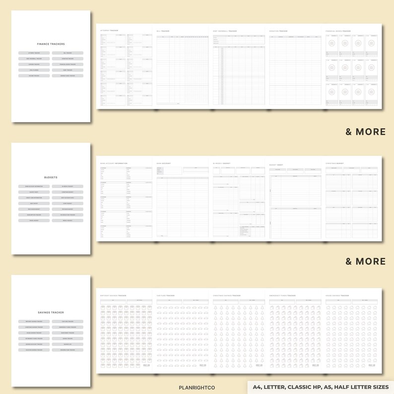 May include: A collection of white planner pages with gray text and grid layouts. The pages include "Finance Trackers", "Budgets", and "Savings Tracker" sections. The text "& MORE" appears on the pages. The bottom of the image includes the text "PLANRIGHTCO" and "A4, LETTER, CLASSIC HP, A5, HALF LETTER SIZES".