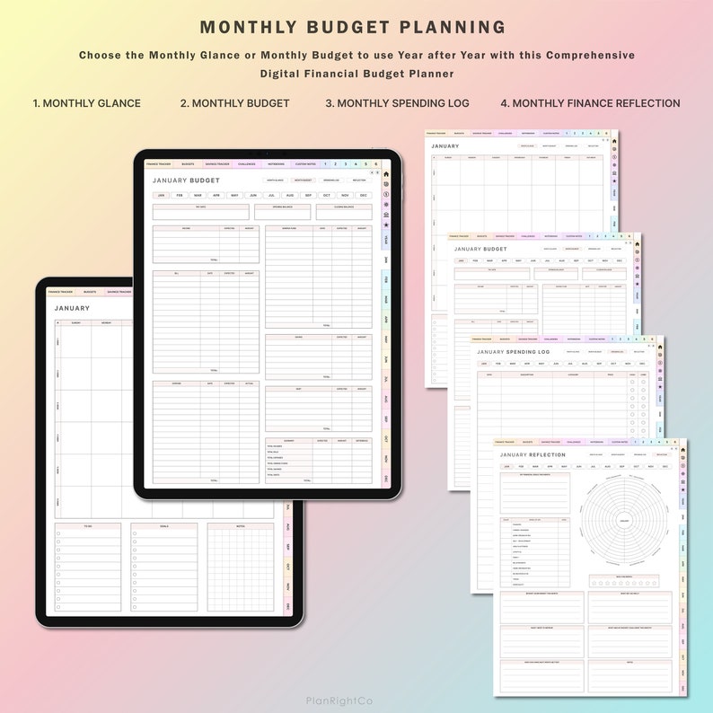May include: Digital financial budget planner with the text "MONTHLY BUDGET PLANNING". The planner includes sections for monthly glance, budget, spending log, and finance reflection. The image shows a tablet with a budget layout and several pages.