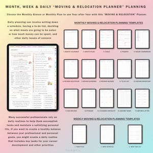 May include: A printable planner for moving and relocation. The planner includes monthly and weekly templates for organizing tasks, finances, and other important details. The planner is designed to help people stay organized and on track during a move.