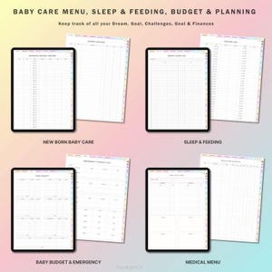 May include: A printable digital planner for new parents. The planner includes sections for baby care, sleep and feeding, budget and planning, and medical menu. The planner is designed to help parents keep track of their baby's development and progress.