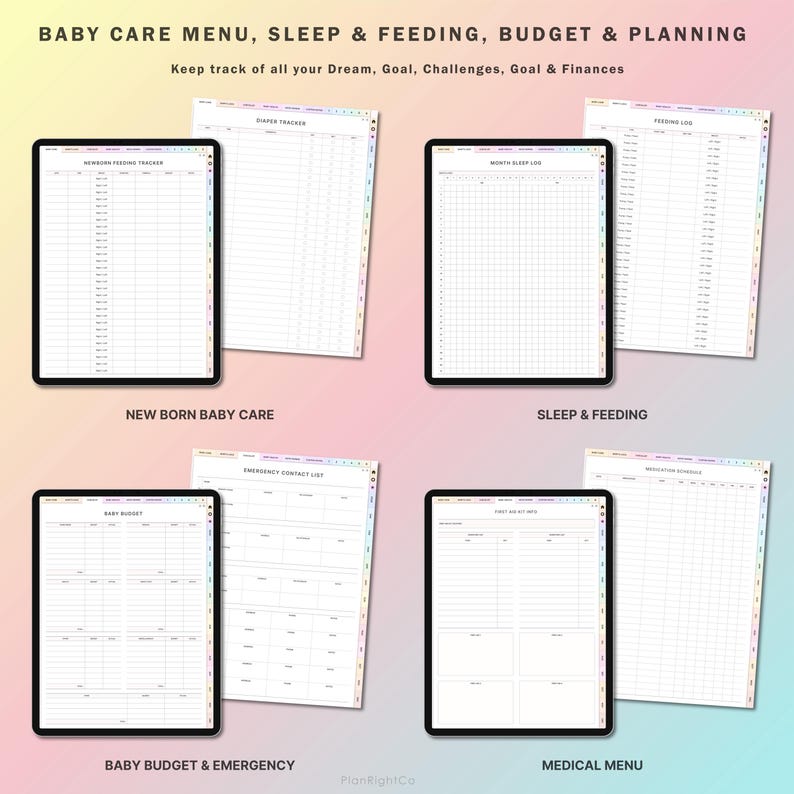 May include: A printable digital planner for new parents. The planner includes sections for baby care, sleep and feeding, budget and planning, and medical menu. The planner is designed to help parents keep track of their baby's development and progress.