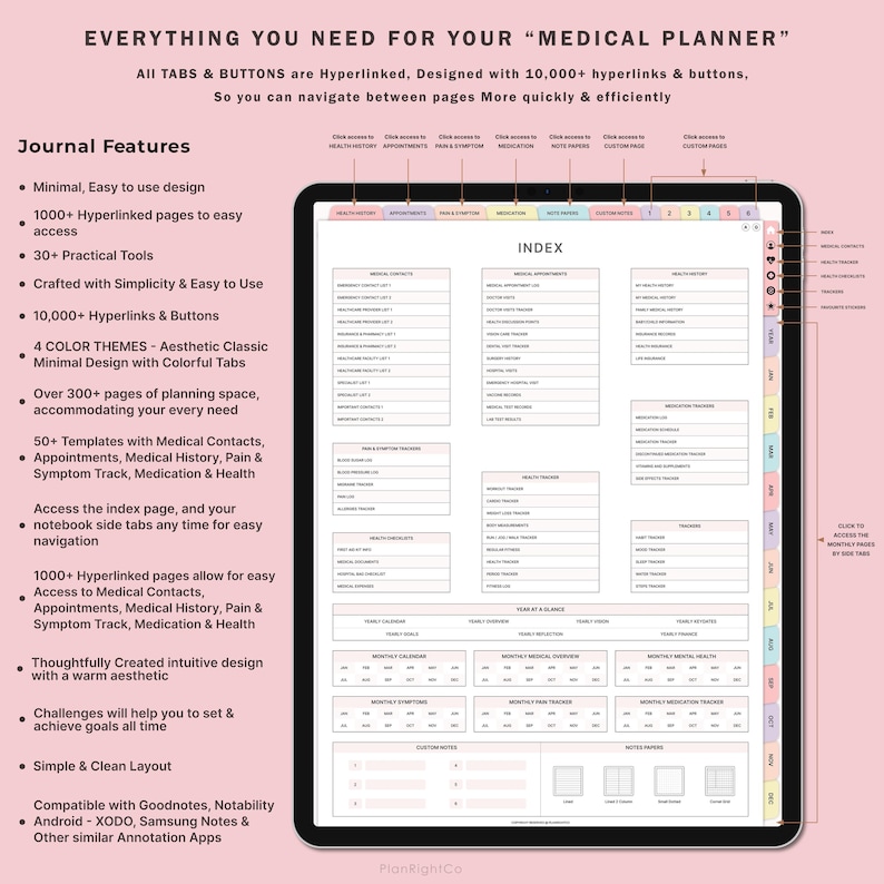 May include: A digital planner for medical information, with tabs for health history, appointments, medication, and more. The planner has a colorful design with tabs for each section. The text "EVERYTHING YOU NEED FOR YOUR "MEDICAL PLANNER"" is at the top of the page.