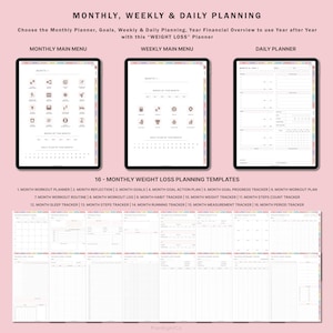 May include: A digital planner with 16 monthly weight loss planning templates. The templates include a workout planner, reflection, goals, goal action plan, goal progress tracker, workout routine, workout log, habit tracker, weight tracker, steps count tracker, sleep tracker, steps tracker, running tracker, measurement tracker, and period tracker.