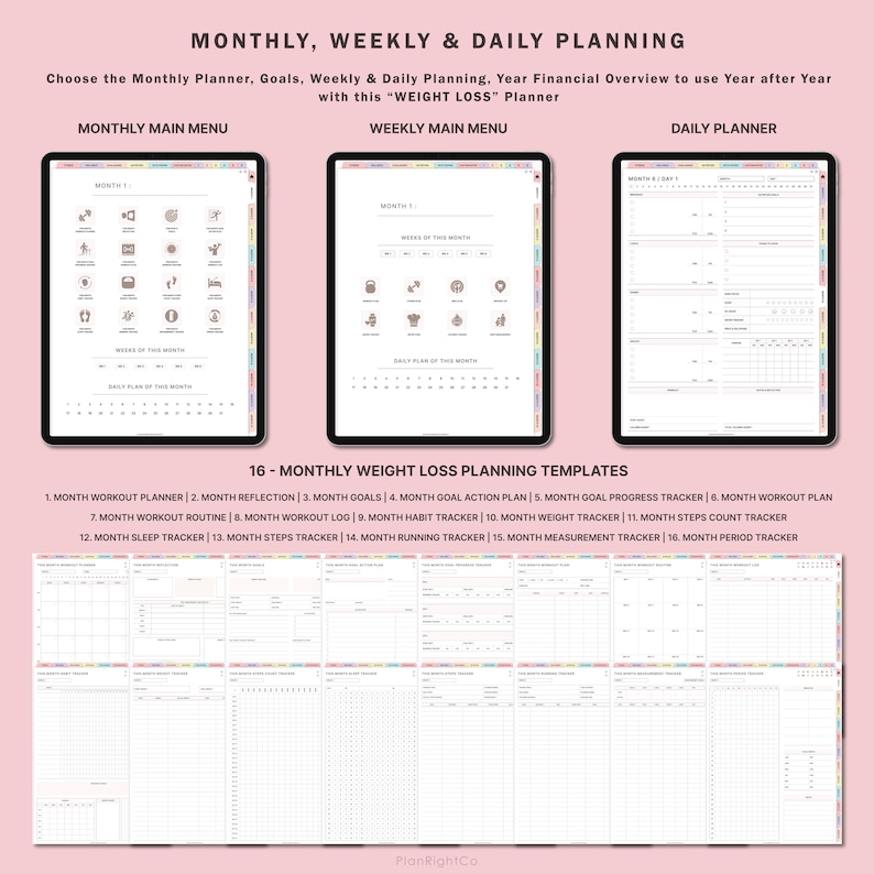 May include: A digital planner with 16 monthly weight loss planning templates. The templates include a workout planner, reflection, goals, goal action plan, goal progress tracker, workout routine, workout log, habit tracker, weight tracker, steps count tracker, sleep tracker, steps tracker, running tracker, measurement tracker, and period tracker.