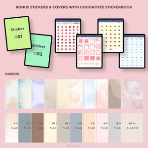 May include: Two green sticker books with the text "Sticker Book #01" and "Sticker Book #02" on the covers. Four digital screens with different sticker designs, including icons, numbers, and lines. A row of 10 different watercolor-style covers for a digital planner, with the text "ME/PLAN" on each cover, and the text "MEAL PLANNER" on the last cover.