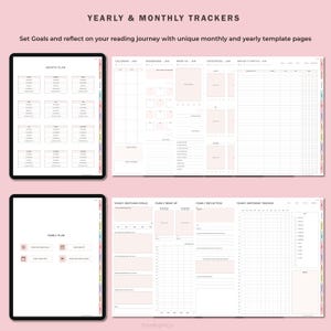 May include: Three digital planner pages for tracking reading goals. The first page is a monthly reading plan with a grid of boxes for recording book titles and authors. The second page is a yearly calendar with sections for tracking reading goals, favorites, and books to read. The third page is a yearly reading plan with sections for tracking reading goals, a yearly wrap-up, and a yearly reflection.