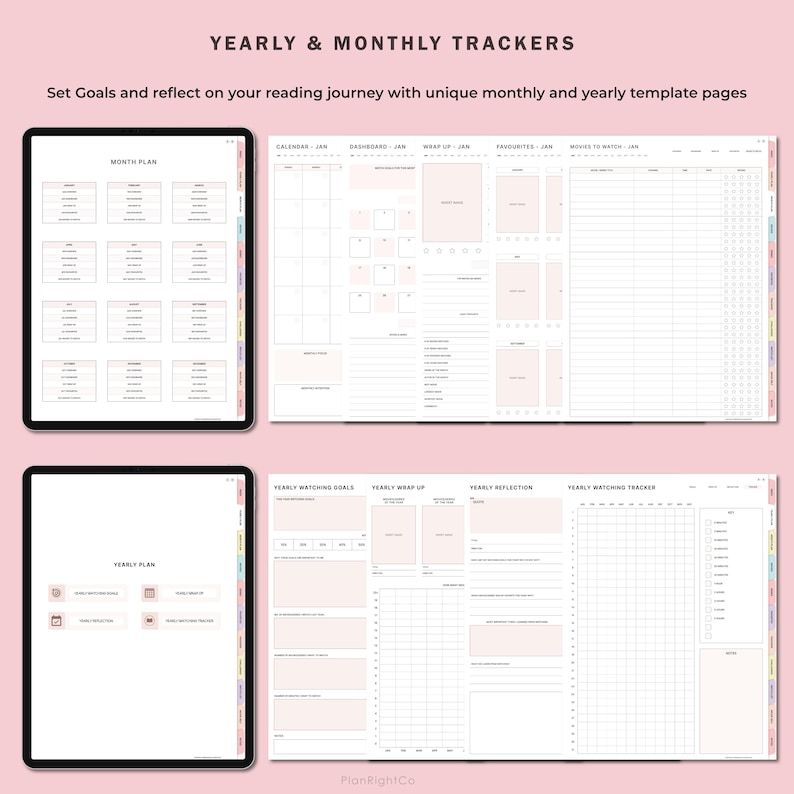 May include: Three digital planner pages for tracking reading goals. The first page is a monthly reading plan with a grid of boxes for recording book titles and authors. The second page is a yearly calendar with sections for tracking reading goals, favorites, and books to read. The third page is a yearly reading plan with sections for tracking reading goals, a yearly wrap-up, and a yearly reflection.