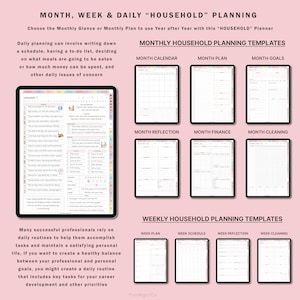 May include: A pink and white printable planner with the text "MONTH, WEEK & DAILY "HOUSEHOLD" PLANNING" and "MONTHLY HOUSEHOLD PLANNING TEMPLATES". The planner includes templates for monthly calendar, month plan, month goals, month reflection, month finance, month cleaning, week plan, week schedule, week reflection, and week cleaning.