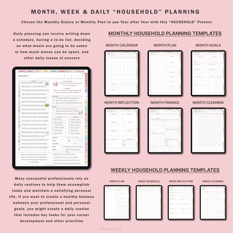 May include: A pink and white printable planner with the text "MONTH, WEEK & DAILY "HOUSEHOLD" PLANNING" and "MONTHLY HOUSEHOLD PLANNING TEMPLATES". The planner includes templates for monthly calendar, month plan, month goals, month reflection, month finance, month cleaning, week plan, week schedule, week reflection, and week cleaning.