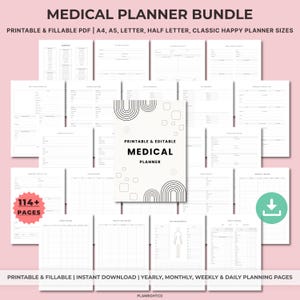 May include: A medical planner bundle with printable and fillable PDF pages. The cover features the text "Medical Planner" with geometric designs. Includes yearly, monthly, weekly, and daily planning pages. The bundle contains over 114 pages.