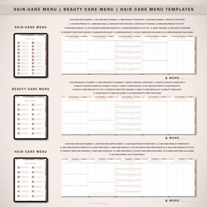May include: Printable planner templates for skin care, beauty care, and hair care. Each template includes sections for routine planners, product inventories, favourite products, goals, and challenges. The templates are designed with a minimalist aesthetic and feature a light brown and white colour scheme.