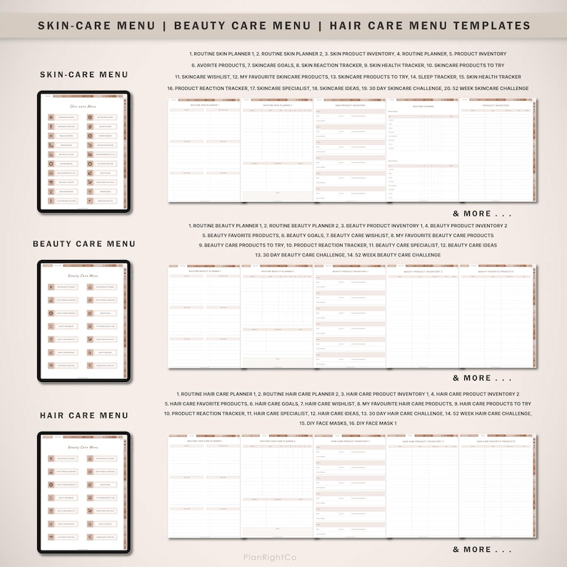 May include: Printable planner templates for skin care, beauty care, and hair care. Each template includes sections for routine planners, product inventories, favourite products, goals, and challenges. The templates are designed with a minimalist aesthetic and feature a light brown and white colour scheme.