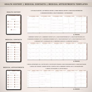 May include: A printable medical planner template with three sections: Health History, Medical Contacts, and Medical Appointments. Each section has a list of categories to track medical information.
