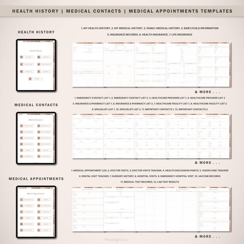 May include: A printable medical planner template with three sections: Health History, Medical Contacts, and Medical Appointments. Each section has a list of categories to track medical information.