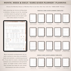 May include: A digital planner template for care-givers. The image shows a monthly calendar, habit tracker, health care, bucket list, trackers, medical overview, mental health, symptoms, pain tracker, medication, and exercise journal. The image also shows weekly planner templates for self-care, symptoms, pain, food, and checklist.
