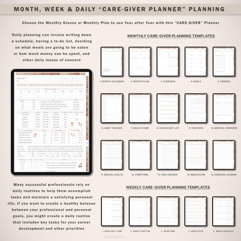 May include: A digital planner template for care-givers. The image shows a monthly calendar, habit tracker, health care, bucket list, trackers, medical overview, mental health, symptoms, pain tracker, medication, and exercise journal. The image also shows weekly planner templates for self-care, symptoms, pain, food, and checklist.