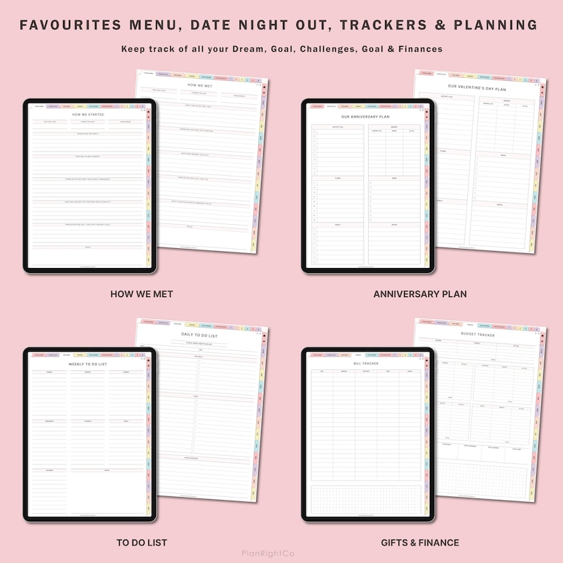 May include: A set of printable digital planner pages for couples. The pages include sections for "How We Met", "To Do List", "Anniversary Plan", "Our Valentine's Day Plan", "Gifts & Finance", and "Budget Tracker".