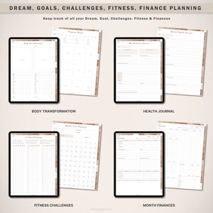 Op de afbeelding: Digitale plannerpagina's weergegeven op tablets. De pagina's bevatten secties voor lichaamstransformatie, voortgangsfoto's, manifestatiejournaal, mental health journal, fitnessuitdagingen en maandfinanci&euml;n. De tekst bovenaan luidt "DREAM, GOALS, CHALLENGES, FITNESS, FINANCE PLANNING."