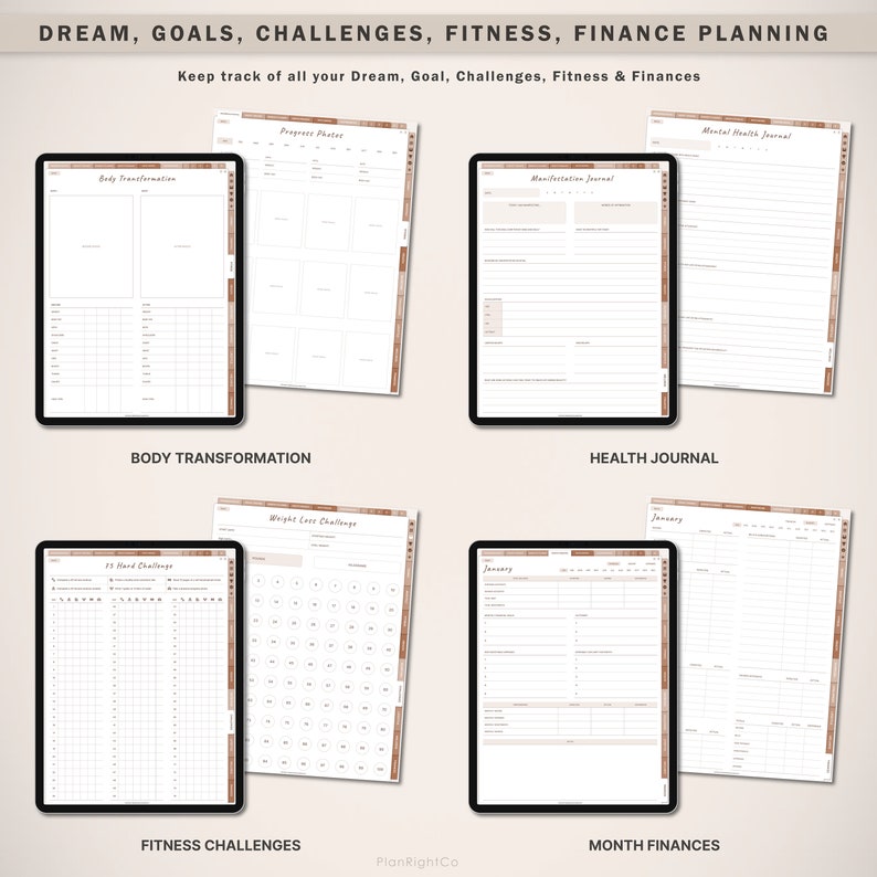 Op de afbeelding: Digitale plannerpagina's weergegeven op tablets. De pagina's bevatten secties voor lichaamstransformatie, voortgangsfoto's, manifestatiejournaal, mental health journal, fitnessuitdagingen en maandfinanci&euml;n. De tekst bovenaan luidt "DREAM, GOALS, CHALLENGES, FITNESS, FINANCE PLANNING."