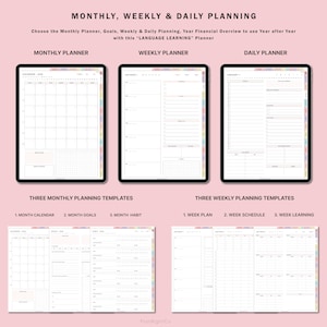 K&ouml;nnte beinhalten: Ein digitaler Planer mit drei verschiedenen Layouts: monatlich, w&ouml;chentlich und t&auml;glich. Jedes Layout verf&uuml;gt &uuml;ber ein Raster mit Linien und K&auml;stchen zum Schreiben. Der Monatsplaner hat ein Kalenderrraster, der Wochenplaner einen Platz f&uuml;r Ziele und der Tagesplaner einen Platz f&uuml;r Aufgaben. Der Planer ist f&uuml;r das Sprachenlernen konzipiert.