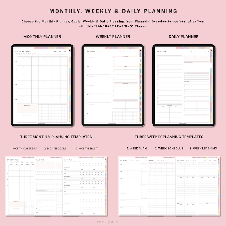 K&ouml;nnte beinhalten: Ein digitaler Planer mit drei verschiedenen Layouts: monatlich, w&ouml;chentlich und t&auml;glich. Jedes Layout verf&uuml;gt &uuml;ber ein Raster mit Linien und K&auml;stchen zum Schreiben. Der Monatsplaner hat ein Kalenderrraster, der Wochenplaner einen Platz f&uuml;r Ziele und der Tagesplaner einen Platz f&uuml;r Aufgaben. Der Planer ist f&uuml;r das Sprachenlernen konzipiert.