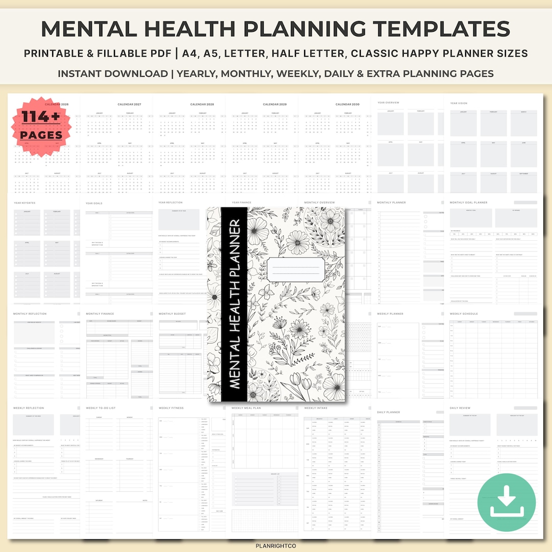 Printable Mental Health Planner & Journal | Undated Self Care Wellness ...