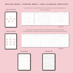 May include: A digital planner template with a pink and white color scheme. The template includes sections for routine, finance, and goal planning. The image shows a calendar, notebook, and various checklists.