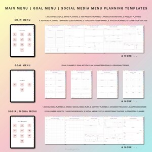 May include: A set of printable planning templates for social media, goal setting, and business planning. The templates are organized into three menus: Main Menu, Goal Menu, and Social Media Menu. Each menu features a variety of planning tools, such as idea generation, brand planning, product planning, goal setting, action planning, social media planning, content planning, and more.