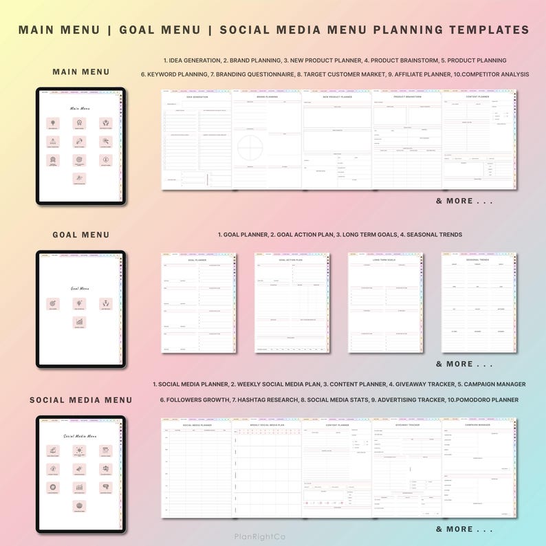 May include: A set of printable planning templates for social media, goal setting, and business planning. The templates are organized into three menus: Main Menu, Goal Menu, and Social Media Menu. Each menu features a variety of planning tools, such as idea generation, brand planning, product planning, goal setting, action planning, social media planning, content planning, and more.