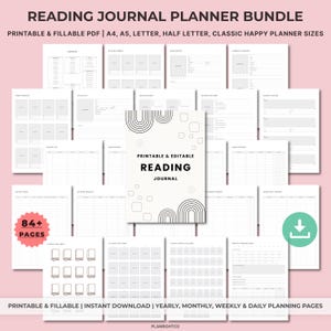 Pode incluir: Um pacote de páginas de planejador de diário de leitura imprimíveis. A capa apresenta o texto "Reading Journal" com um design minimalista. Inclui mais de 84 páginas para planejamento anual, mensal, semanal e diário. Disponível nos tamanhos A4, A5, Letter e Half Letter.