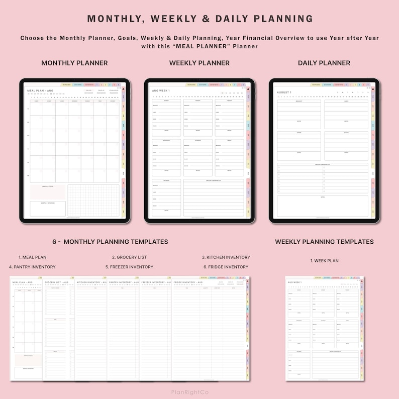 May include: A digital planner template for monthly, weekly, and daily planning. The template includes sections for meal planning, grocery lists, kitchen inventory, and more. The template is designed to help users organize their time and finances.
