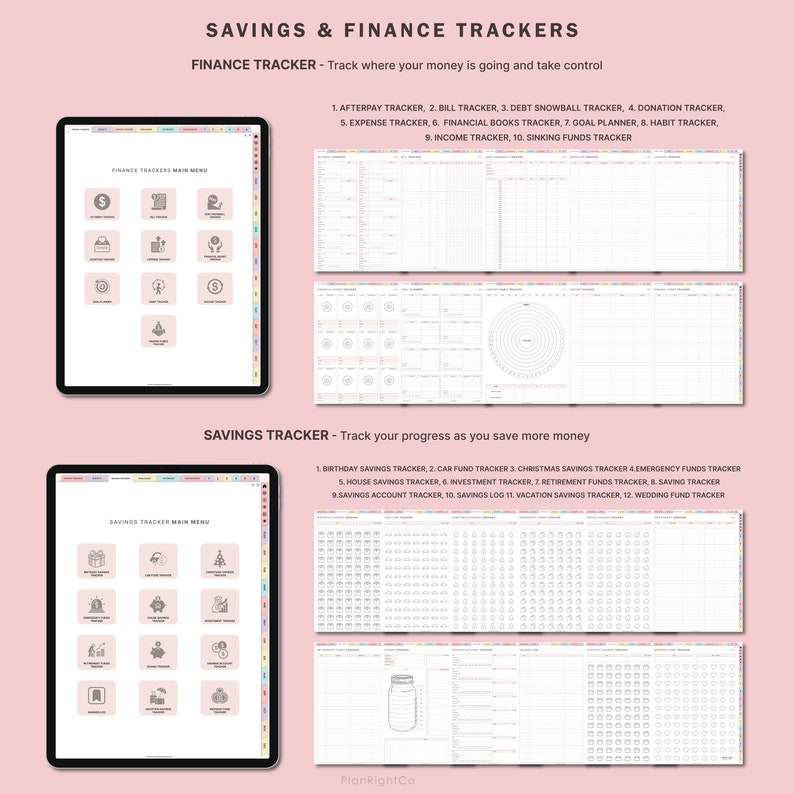 May include: A digital planner with a pink background and a white grid. The planner is divided into two sections: "Finance Tracker" and "Savings Tracker". Each section has a list of different trackers, such as "Afterpay Tracker", "Bill Tracker", "Debt Snowball Tracker", "Donation Tracker", "Expense Tracker", "Financial Books Tracker", "Goal Planner", "Habit Tracker", "Income Tracker", "Sinking Funds Tracker", "Birthday Savings Tracker", "Car Fund Tracker", "Christmas Savings Tracker", "Emergency Funds Tracker", "House Savings Tracker", "Investment Tracker", "Retirement Funds Tracker", "Savings Tracker", "Savings Account Tracker", "Savings Log", "Vacation Savings Tracker", and "Wedding Fund Tracker".