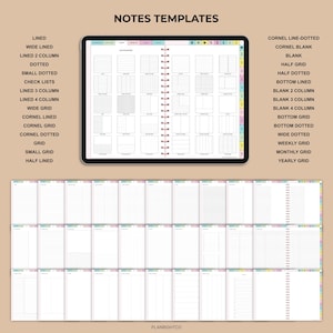 Op de afbeelding: Digitale planner sjablonen met verschillende lay-outs, waaronder gelijnde, gestippelde, raster- en blanco pagina's. De afbeelding toont een tablet met verschillende notitie-opties, met tekstlabels zoals "Notes Templates" en "Planrightco."