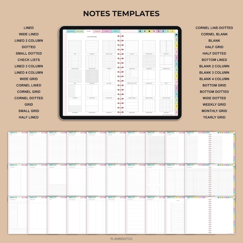 Op de afbeelding: Digitale planner sjablonen met verschillende lay-outs, waaronder gelijnde, gestippelde, raster- en blanco pagina's. De afbeelding toont een tablet met verschillende notitie-opties, met tekstlabels zoals "Notes Templates" en "Planrightco."