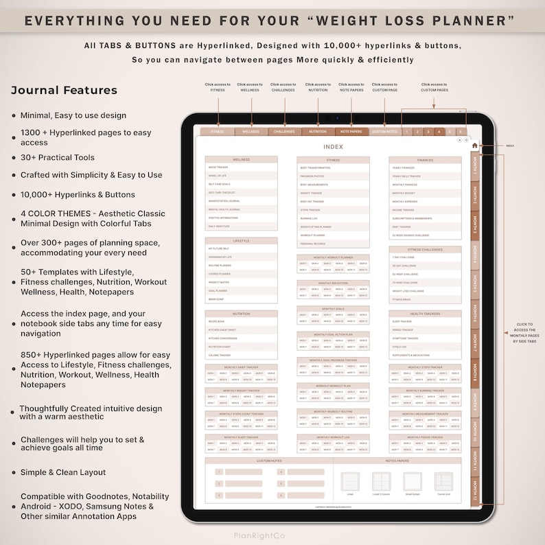 May include: A digital planner for weight loss with a pink and brown color scheme. The planner includes sections for fitness, nutrition, wellness, health, and lifestyle. The planner is compatible with Goodnotes, Notability, XODO, Samsung Notes, and other similar annotation apps. The text "EVERYTHING YOU NEED FOR YOUR "WEIGHT LOSS PLANNER"" is at the top of the image.