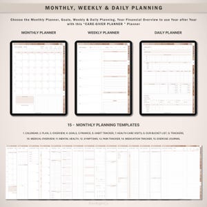 May include: A digital planner with 15 different templates for monthly, weekly, and daily planning. The templates include a calendar, plan, overview, goals, finance, habit tracker, health care visits, bucket list, trackers, medical overview, mental health, symptoms, pain tracker, medication tracker, and exercise journal.