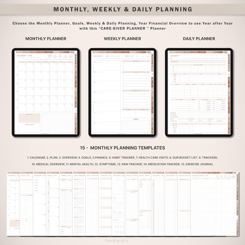 May include: A digital planner with 15 different templates for monthly, weekly, and daily planning. The templates include a calendar, plan, overview, goals, finance, habit tracker, health care visits, bucket list, trackers, medical overview, mental health, symptoms, pain tracker, medication tracker, and exercise journal.