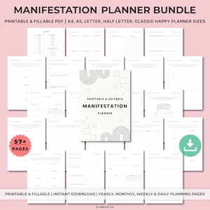 May include: A digital manifestation planner bundle with printable and fillable PDF pages. The cover features the text "Manifestation Planner" with geometric designs. Includes over 57 pages for yearly, monthly, weekly, and daily planning. Available in A4, A5, Letter, and Half Letter sizes.
