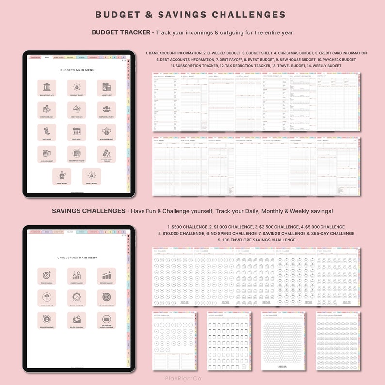 May include: A digital planner with a pink background and a colorful grid. The planner is divided into two sections: Budget Tracker and Savings Challenges. The Budget Tracker section includes a list of budget categories, such as bank account information, bi-weekly budget, and debt payoff. The Savings Challenges section includes a list of savings challenges, such as a $500 challenge, a $1,000 challenge, and a no-spend challenge.