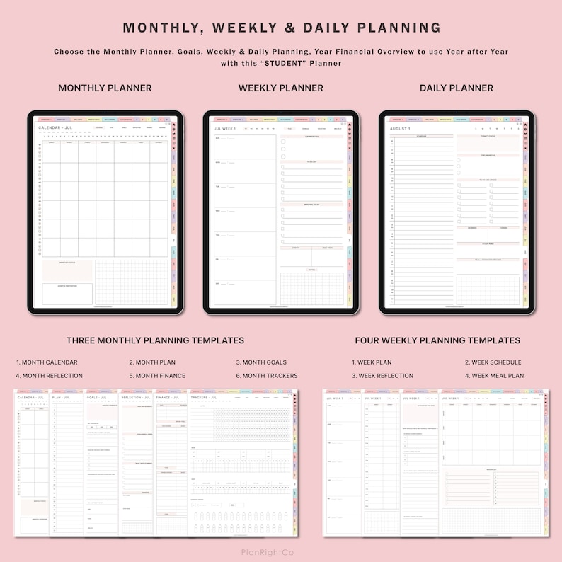 May include: A digital planner with three monthly and four weekly planning templates. The templates include a calendar, plan, goals, reflection, finance, trackers, schedule, and meal plan. The planner is designed for students.