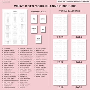 Op de afbeelding: Een planner lay-out met jaarlijkse kalenders van 2025 tot 2030, in formaten A4, Letter, Classic HP, A5 en Half Letter. De planner bevat secties voor kalenders, studenteninfo en doelstellingen, met een gedetailleerde inhoudsopgave.