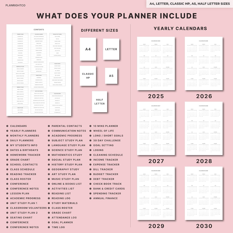 Op de afbeelding: Een planner lay-out met jaarlijkse kalenders van 2025 tot 2030, in formaten A4, Letter, Classic HP, A5 en Half Letter. De planner bevat secties voor kalenders, studenteninfo en doelstellingen, met een gedetailleerde inhoudsopgave.
