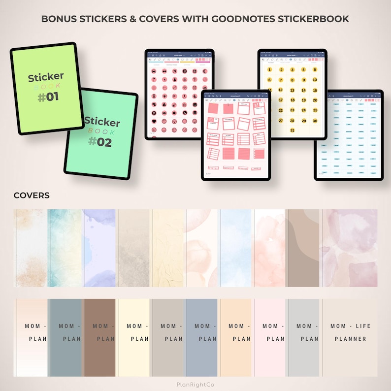 Op de afbeelding: Digitale stickerboeken en planner covers. De afbeelding toont digitale stickers en planner covers voor GoodNotes. De stickers zijn in verschillende kleuren en ontwerpen, en de covers hebben aquarel- en effen achtergronden. De tekst op de afbeelding luidt "BONUS STICKERS & COVERS WITH GOODNOTES STICKERBOOK."