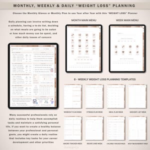 May include: A printable weight loss planner with a monthly, weekly, and daily layout. The planner includes sections for meal planning, fitness, grocery lists, and macro tracking. The planner is designed to help people create a healthy balance between their professional and personal lives.