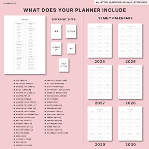 May include: A planner layout with various sizes, including A4, Letter, Classic HP, A5, and Half Letter. The image displays yearly calendars from 2025 to 2030, along with a list of planner contents and features such as calendars, monthly planners, and prayer journals.