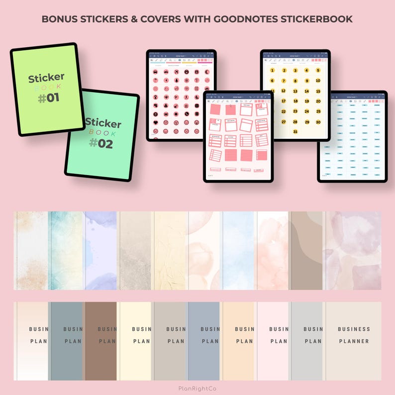 May include: Two green sticker books with the text "Sticker Book #01" and "Sticker Book #02" on them. Four digital screens with different sticker designs for Goodnotes. The screens show a variety of stickers, including icons, numbers, and lines. The screens are on a pink background. Below the screens are 12 different watercolor paper textures. Below the textures are 10 business planner covers with the text "Business Plan" and "Business Planner".